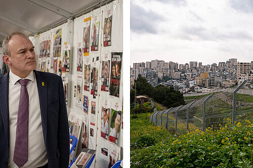 Two photos: On left, Ed Davey looks at posters showing people taken hostage by Hamas on 7 October 2023. On right, a photo of a fence with Jerusalem in the background.